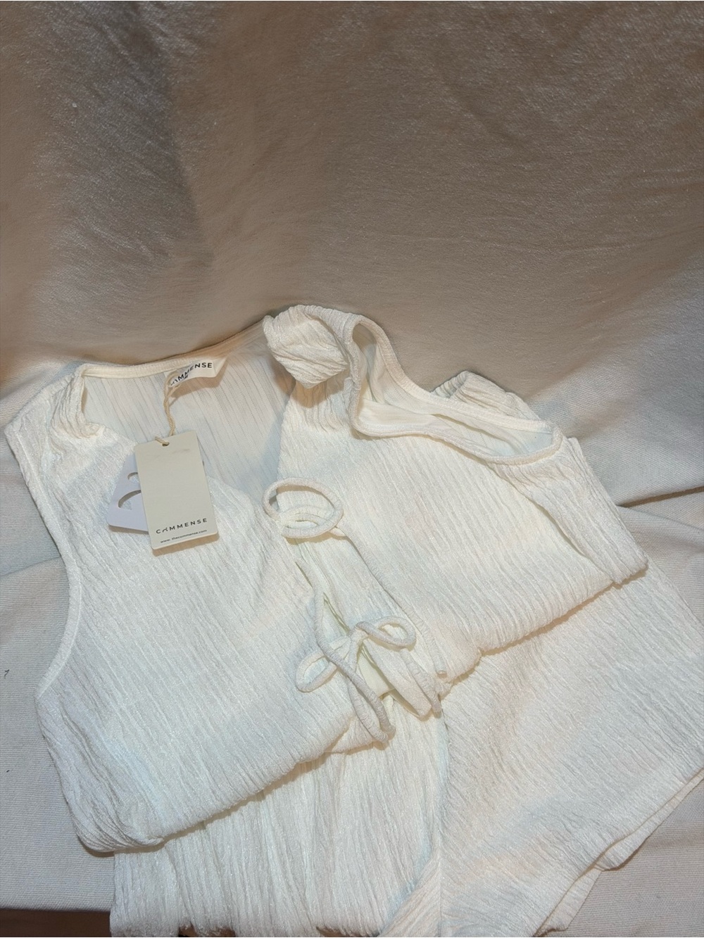 Commense Ivory Textured Tie-Front Tank Top set with shorts